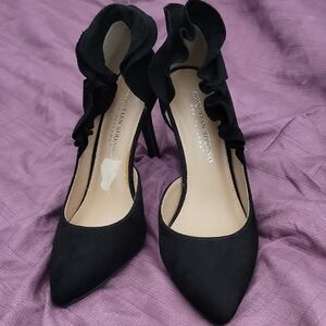 Christian Siriano Black Ruffle Ankle-Strap Pointed Heels
